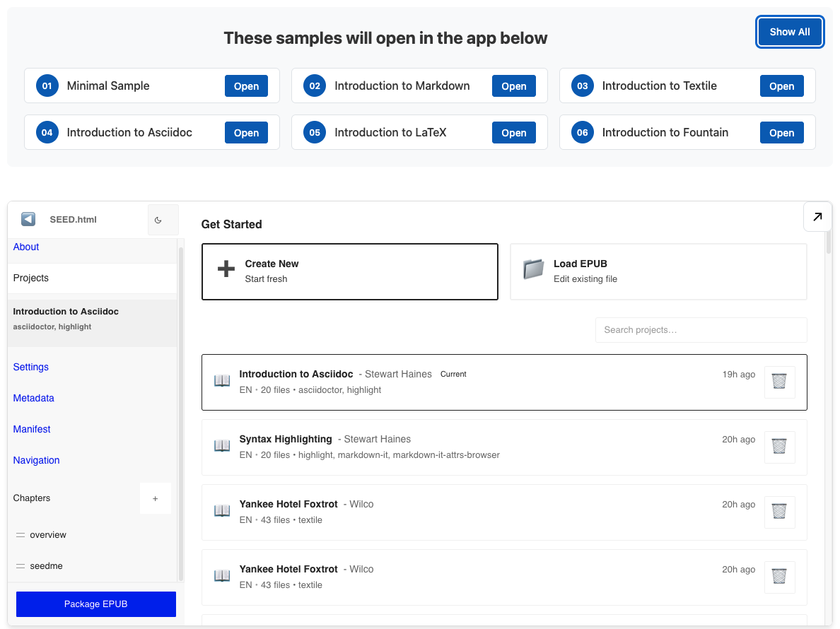 screenshot of the seed html app