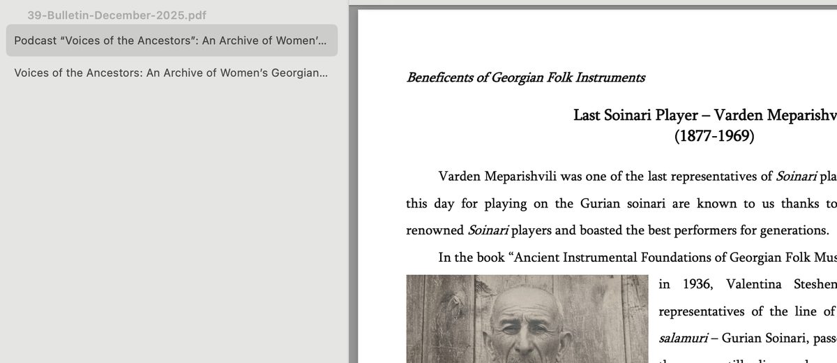 Preview on macOS showing the bulletin. The sidebar's table of contents has two entries, both for the Voices of the Ancestors article, while the page on view is the soinari article with its own large title.