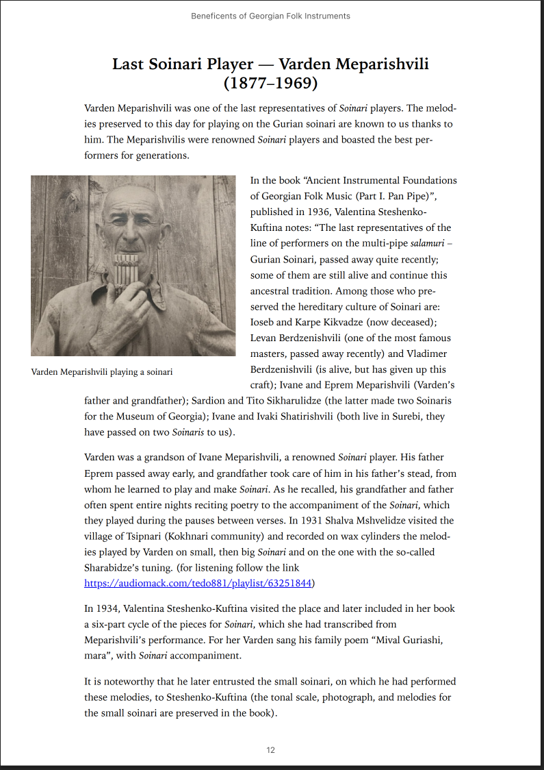 The generated PDF's page for the same article: the section name as a small running head in the margin, a larger centred title, ragged-right paragraphs, and the photograph with its caption, Varden Meparishvili playing a soinari, beneath it.