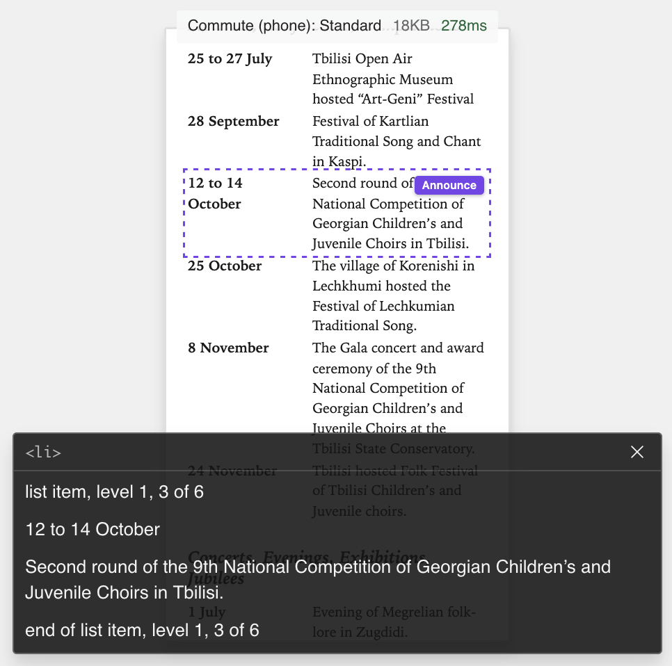 The events list as a phone would show it, dates in a left column and entries on the right, with the 12 to 14 October entry outlined. The caption panel reads: list item, level 1, 3 of 6. 12 to 14 October. Second round of the 9th National Competition of Georgian Children's and Juvenile Choirs in Tbilisi. End of list item, level 1, 3 of 6.