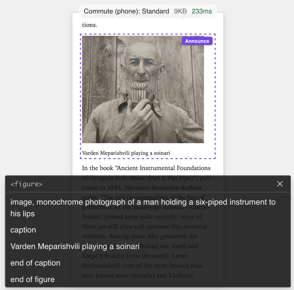 The same phone view with the photograph and its caption outlined together. The caption panel reads: image, monochrome photograph of a man holding a six-piped instrument to his lips. Then: caption, Varden Meparishvili playing a soinari, end of caption, end of figure.