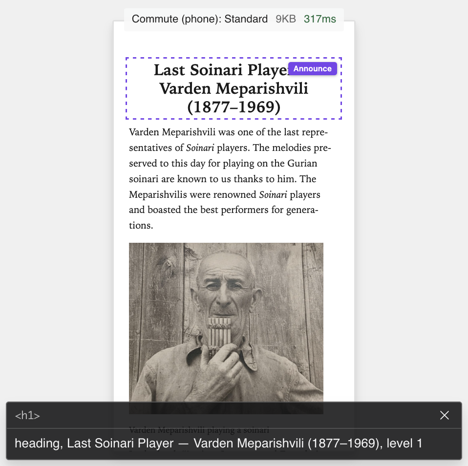 The article shown as a phone would display it, with the title outlined and an Announce button on it. A dark caption panel below reads: heading, Last Soinari Player — Varden Meparishvili (1877–1969), level 1.